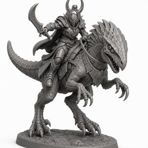 May include: A gray unpainted miniature figurine of a warrior in ornate plate armor and a horned helmet, holding a curved blade while riding a large, scaly, bipedal reptilian creature with a spiked crest and sharp claws on a textured oval base.