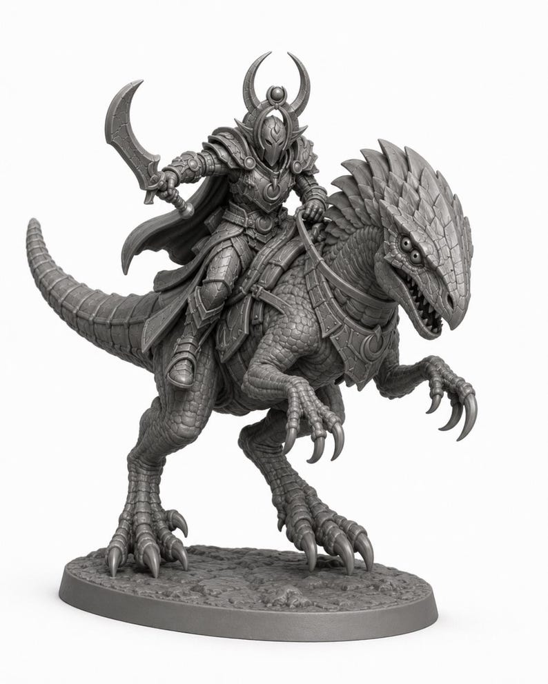 May include: A gray unpainted miniature figurine of a warrior in ornate plate armor and a horned helmet, holding a curved blade while riding a large, scaly, bipedal reptilian creature with a spiked crest and sharp claws on a textured oval base.