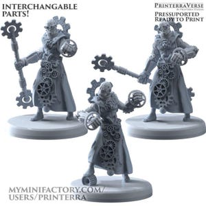 May include: Three 3D printed miniature figures of steampunk-style characters with intricate gear details. The figures are posed in dynamic stances and hold various tools and weapons. The figures are printed in a light grey colour and are ready to be painted.