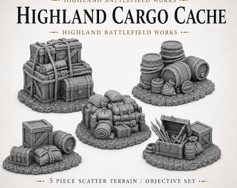 Highland Cargo Cache - Highland Battlefield Works - 5 Piece Scatter Terrain Objective Marker Set 40mm 60mm 100mm Wargaming RPG Scenery