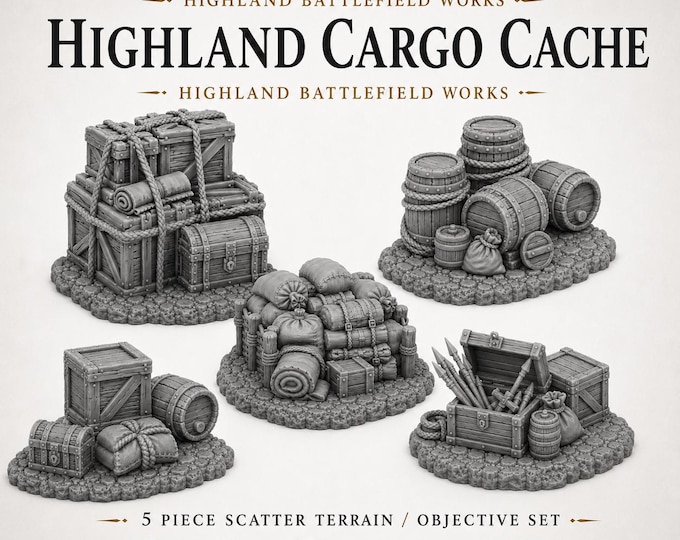 Highland Cargo Cache - Highland Battlefield Works - 5 Piece Scatter Terrain Objective Marker Set 40mm 60mm 100mm Wargaming RPG Scenery