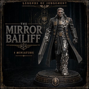 May include: A miniature figure titled The Mirror Bailiff from Legends of Judgement. The character wears a long dark coat with gold scale emblems, featuring a metallic cybernetic left side and a large blade attached to the right arm on a base.