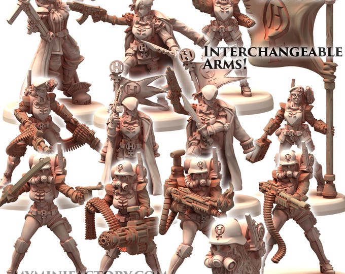 MILITARIA Herrschaft Soldatin Female Army with Gattling and Flamethrower - Printerra - Tabletop Wargaming Miniature for Grimdark OPR Sci-fi