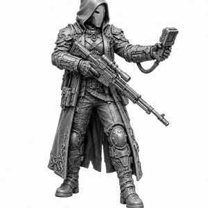 May include: A gray miniature figurine of a hooded character wearing ornate armor and a long coat. The figure holds a long-barreled rifle in one hand and a small rectangular device in the other, featuring intricate mechanical details and patterns.
