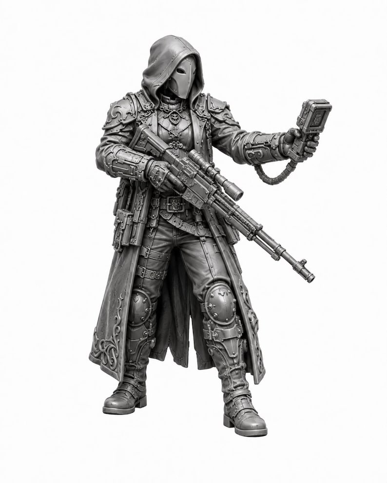 May include: A gray miniature figurine of a hooded character wearing ornate armor and a long coat. The figure holds a long-barreled rifle in one hand and a small rectangular device in the other, featuring intricate mechanical details and patterns.
