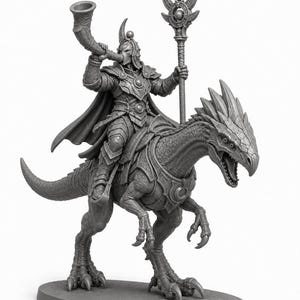May include: A gray unpainted miniature figure of a warrior in ornate plate armor riding a scaled reptilian creature. The warrior holds a large horn to their mouth with one hand and a tall staff with a crescent top in the other, mounted on a base.