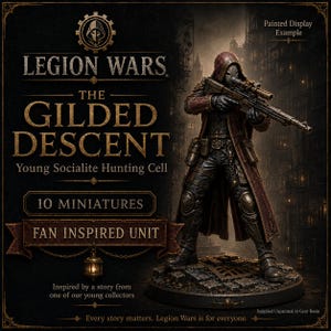 May include: A set of 10 Legion Wars The Gilded Descent Young Socialite Hunting Cell miniatures. The display shows a hooded figure in a long red coat and mask holding a rifle, standing on a textured base. Text includes Legion Wars and Fan Inspired Unit.