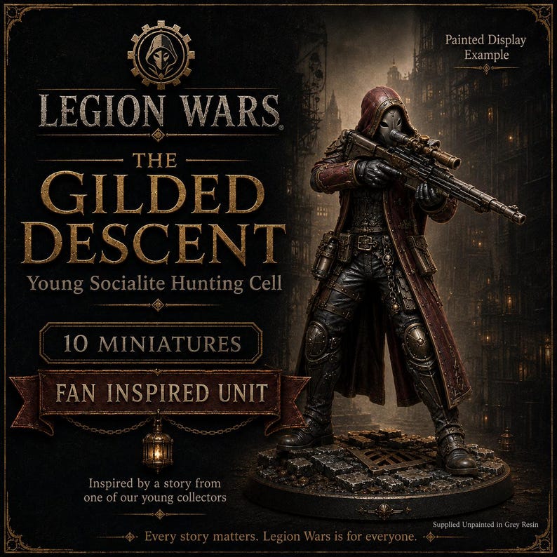 May include: A set of 10 Legion Wars The Gilded Descent Young Socialite Hunting Cell miniatures. The display shows a hooded figure in a long red coat and mask holding a rifle, standing on a textured base. Text includes Legion Wars and Fan Inspired Unit.
