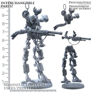 以下が含まれることがあります： 大きな銃と交換可能な部品を備えたロボットフィギュアのグレーの3Dプリントモデル。完全なフィギュアや分解されたコンポーネントなど、複数のビューでモデルが表示されます。「INTERCHANGEABLE PARTS！」と「PRESSUPORTED READY TO PRINT」というテキストが含まれています。