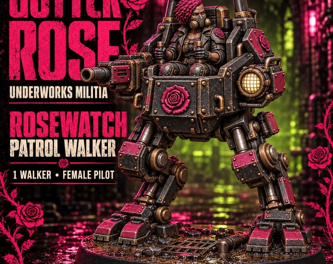 Gutter Rose Rosewatch Patrol Walker | 75mm Sci-Fi Resin Mech with Female Pilot | 60mm Base Option | HGM