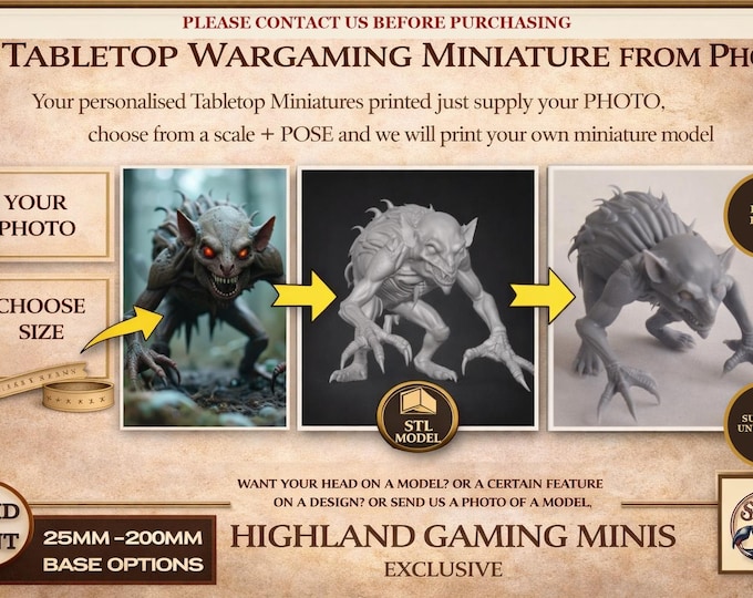 Personalised Tabletop Miniature Gift - Bespoke 2D Design to 3D Miniature Exclusive Highland Gaming Minis Service Tabletop Wargaming Grimdark