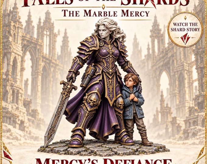 Mercy's Defiance | Connected Marble Legion Warrior and Child | Tales of the Shards | Unpainted Resin Sci-Fi Miniature