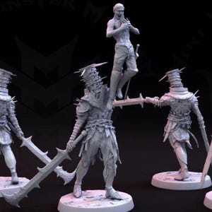 May include: A collection of grey fantasy figurines. The figures include armoured warriors with spiked helmets and swords, and a smaller figure standing on a sword. The figures are on round bases.