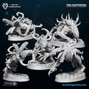 Puede incluir: Una colección de cinco figuras de monstruos en miniatura blancas, detalladas y pre-soportadas. Cada figura tiene un diseño único y amenazante con garras afiladas, cuernos y texturas intrincadas. Las figuras están sobre bases individuales, listas para juegos de mesa o exhibición.