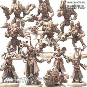 May include: A collection of unpainted, detailed miniature figures, likely for tabletop gaming or model building. The figures have a steampunk aesthetic, featuring mechanical elements and intricate designs. The text "PRINTERRAVERSE" and "PRESSSUPPORTED READY TO PRINT" is visible.