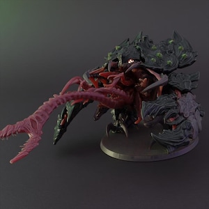 May include: A detailed, 3D-printed miniature of a monstrous creature. The model features a dark green and purple carapace, with red and pink fleshy appendages. The creature has multiple limbs and a menacing, open maw, set on a circular base.