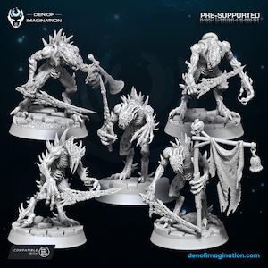 Puede incluir: Una colección de cinco figuras en miniatura grises, pre-soportadas, de criaturas monstruosas. Cada figura tiene un diseño detallado y puntiagudo y posa con armas o sosteniendo una pancarta. Las figuras están sobre bases redondas, con el texto "denofimagination.com" visible.