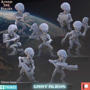 May include: A set of six grey alien miniature figurines, each featuring a large head, slender limbs, and a unique pose while holding a futuristic blaster weapon. The text Across The Realms, 25mm base, and Gray Aliens is visible on the image.