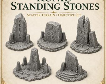 Runic Standing Stones Scatter Terrain –  Highland Battlefield Works-  5 Piece Objective Set (28-32mm Scale)