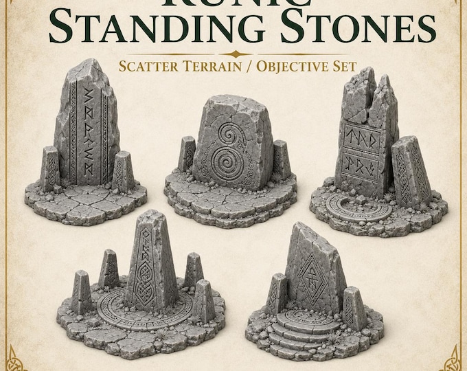 Runic Standing Stones Scatter Terrain –  Highland Battlefield Works-  5 Piece Objective Set (28-32mm Scale)