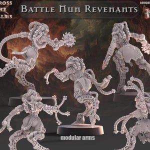 Könnte beinhalten: Mehrere graue Miniaturfiguren von Battle Nun Revenants werden gezeigt. Die Figuren haben mechanische Elemente und modulare Arme. Der Text "Battle Nun Revenants" und "modular arms" sind sichtbar. Die Figuren stehen vor einem dunklen Hintergrund.