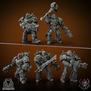 May include: A collection of detailed, gray miniature figures of armored warriors, each holding weapons like hammers, swords, and guns. The figures are posed in dynamic stances, showcasing intricate armor designs and weaponry. The image includes the text "pre-supported" and a skull logo.