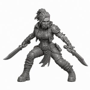 May include: A grey miniature figurine of a warrior in a dynamic combat stance, wearing a cropped jacket, tactical pants, and boots. The figure features a gas mask, shoulder armor, and a belt with a chain, while holding two large combat knives.