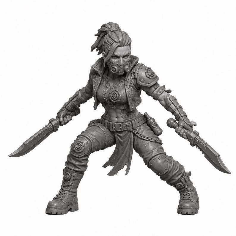 May include: A grey miniature figurine of a warrior in a dynamic combat stance, wearing a cropped jacket, tactical pants, and boots. The figure features a gas mask, shoulder armor, and a belt with a chain, while holding two large combat knives.