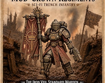 Iron Veil Standard Warden – Female Sci-Fi Banner Bearer Miniature | Resin Character | Mud-Crown Regiments HGM Exclusive