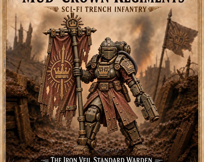 Iron Veil Standard Warden – Female Sci-Fi Banner Bearer Miniature | Resin Character | Mud-Crown Regiments HGM Exclusive