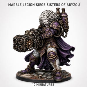 May include: A miniature figure of a warrior in purple armor, holding a large gun. The figure has white hair and a menacing expression. The base reads "10 MINIATURES" and the text "MARBLE LEGION SIEGE SISTERS OF ABYZOU" is at the top.
