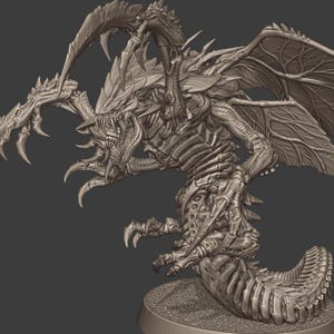 May include: A detailed, three-dimensional model of a monstrous creature with sharp claws, teeth, and wings. The model is a neutral color, with intricate details on the exoskeleton, wings, and limbs. The creature has a segmented tail and appears to be a fantasy or science fiction character.