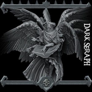 May include: A grayscale sculpture of a winged figure with multiple arms, holding a book. The figure is wearing a helmet and draped in robes. The text "DARK SERAPH" is displayed vertically on the right side. The sculpture is framed by decorative elements.