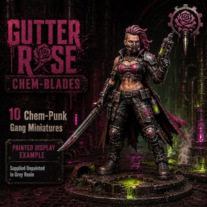 May include: A miniature figure of a warrior with pink hair, wearing a dark outfit with red accents, a face mask, and armor. The figure holds a sword and a futuristic pistol. Text reads: GUTTER ROSE CHEM-BLADES, 10 Chem-Punk Gang Miniatures, PAINTED DISPLAY EXAMPLE.