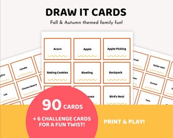 Peut inclure: Un ensemble de "Cartes à Dessiner" sur le thème de l'automne. Les cartes présentent des mots comme "Gland", "Pomme" et "Faire des biscuits". L'ensemble comprend 90 cartes plus 6 cartes défis. Le texte "Imprimez et Jouez !" est également visible.
