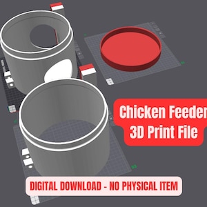 Puede incluir: Una representación 3D de un diseño de comedero para pollos. El diseño incluye dos contenedores cilíndricos grises con ribete blanco, una tapa roja y el texto "Chicken Feeder 3D Print File". La imagen también incluye el texto "DIGITAL DOWNLOAD - NO PHYSICAL ITEM".