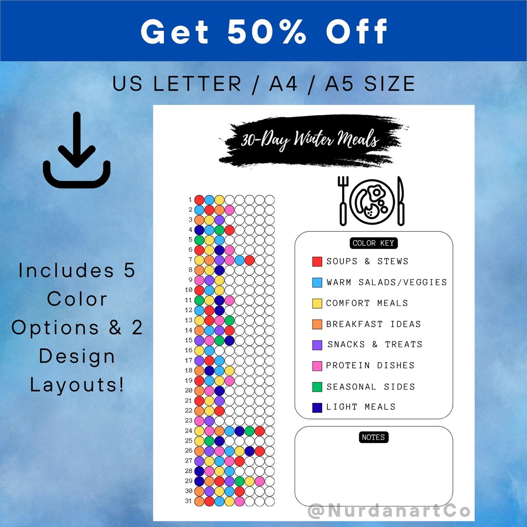 Winter Meals Coloring Tracker: 30-day Food Log (PDF Download) - Etsy