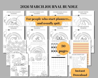 Journaal maart 2026 | Voorjaarsplanner pdf | Eenvoudige maandplanner met trackers en gewoontetracker | Bulletjournaal | VOORGEKLEURDE pagina's
