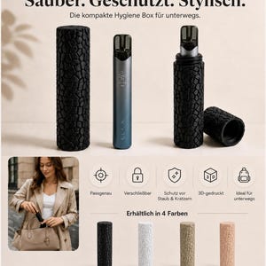 Könnte beinhalten: Eine zylindrische Schutzhülle für ein Vape-Gerät mit einer texturierten schwarzen Oberfläche in Steinoptik. Das Set enthält eine Hülle, ein Gerät und eine Kappe. Vier Farben sind abgebildet: Schwarz, Weiß, Knochenweiß und Hautfarbe.