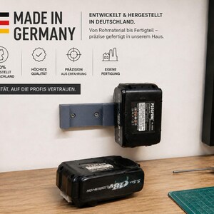 Könnte beinhalten: Schwarze Akkus für Elektrowerkzeuge, einer an einem grauen Halter befestigt. Das Bild enthält den Text "MADE IN GERMANY" und "100% HERGESTELLT IN DEUTSCHLAND". Außerdem sind ein Schraubendreher und eine Schneidematte zu sehen.