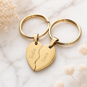 Personalisierter Partner-Schlüsselanhänger Herz in Gold – 2-teilig mit Wunschgravur Geschenk für Paare