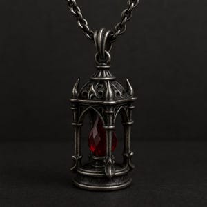 May include: A silver-toned metal pendant shaped like a small, ornate lantern with a dark, weathered finish. Inside the cage-like structure sits a single, faceted, teardrop-shaped red gemstone. The pendant hangs from a matching silver-toned chain.