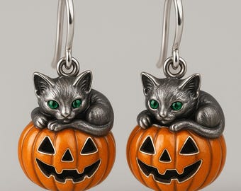 Black Cat Pumpkin Drop Earrings: Sterling Silver Halloween Jewelry