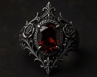 Anillo de granate en plata de ley oxidada: filigrana floral victoriana gótica