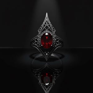 Halloween Vampir Ring aus geschwärztem Silber: Roter Zirkon Gothic Schmuck