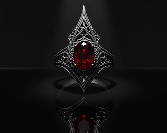 Halloween Blackened Sterling Silver Vampire Ring: Red Zircon Gothic Jewelry