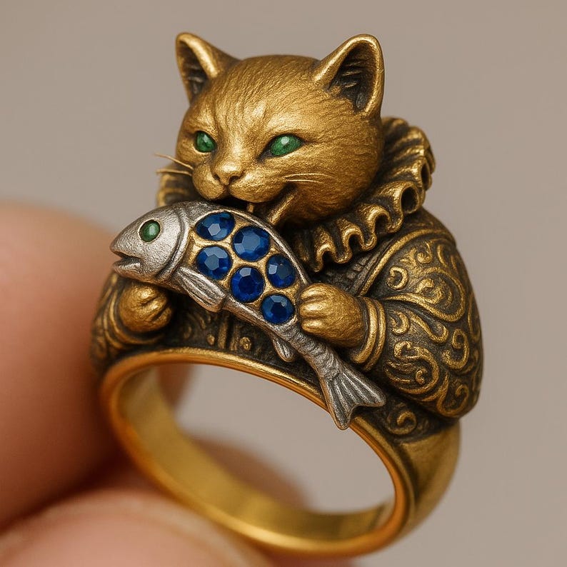Puede incluir: Un anillo dorado con una figura detallada de gato con ojos verdes, que lleva un atuendo decorativo. El gato sostiene un pez plateado adornado con piedras preciosas azules. El anillo tiene un dise&ntilde;o ornamentado y un acabado pulido.