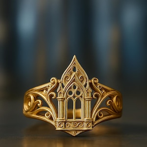 May include: A gold-colored ring with an ornate, cathedral-like design. The ring features a central arched window flanked by columns, with intricate scrollwork and filigree details. The ring's band has a delicate, openwork design.