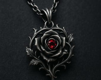 Colgante de rosa de plata de ley ennegrecida – Collar gótico de cristal rojo