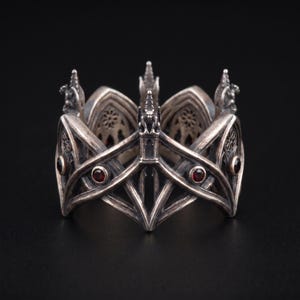 Handcrafted Gothic Dragon Cathedral Ring, Ruby Red Crystal Medieval Architecture, Oxidized Silver Statement Jewelry